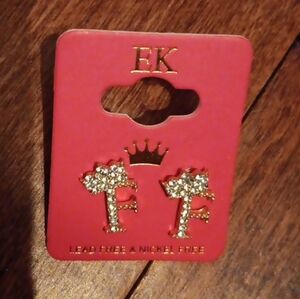 Women's Ek Earrings Letter F With Crown (Cubic Zicornia) Diamonds NIP